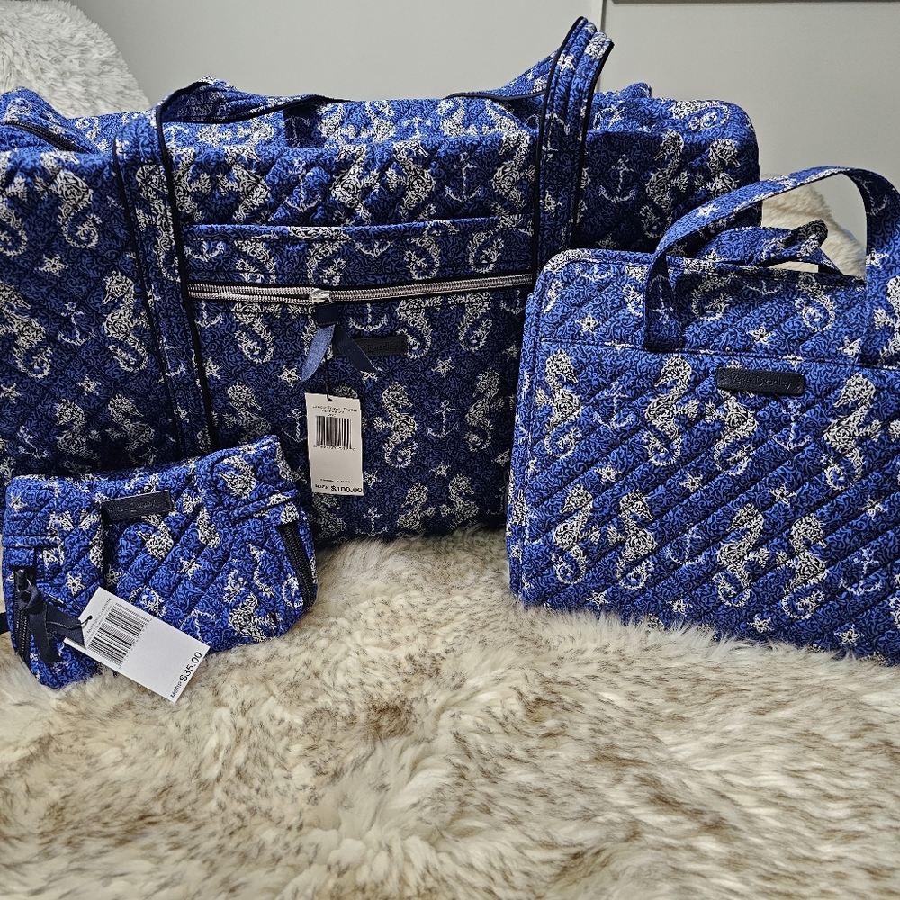 Vera Bradley Seahorse Large Travel Duffel, cosmetic  bag, and hanging organizer.